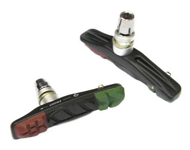 Колодки картриджные для V-brake 72мм, всепогодные, корпус чёрный, коричн-чёрно-зелёные.