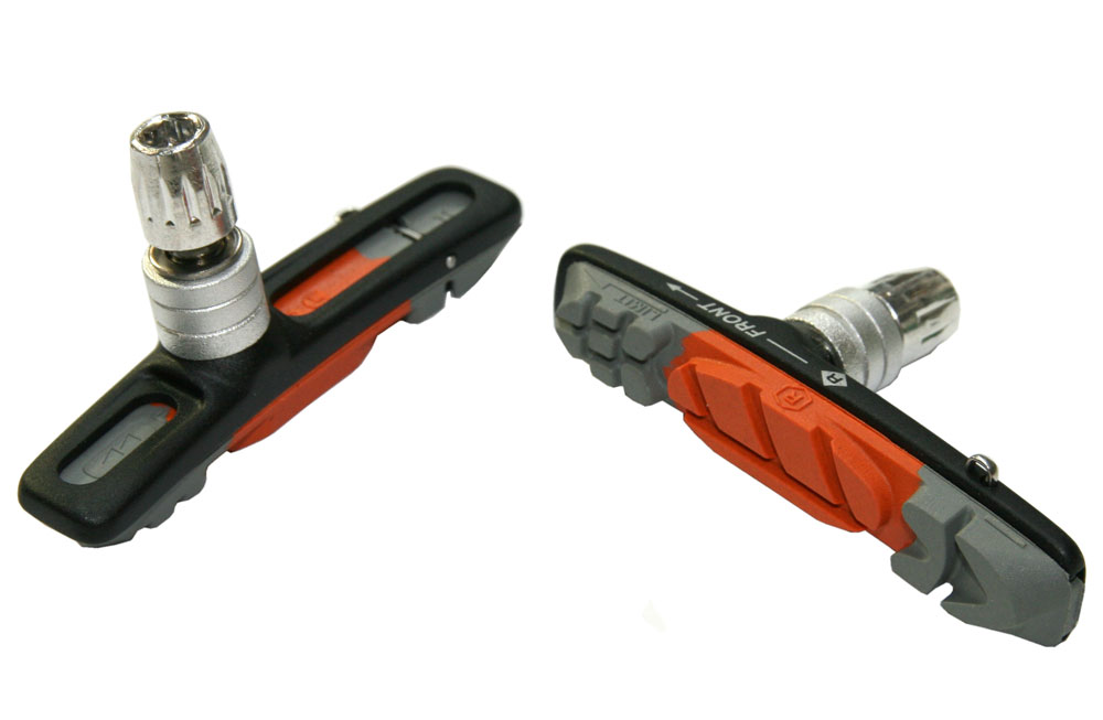 Колодки картриджные для V-brake 72мм, c полым алюм основанием, крепеж из н/ж стали, серо-рыжие.
